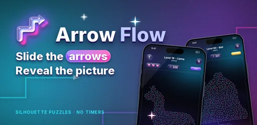 Arrow Flow logo with two phones showing llama and bell levels