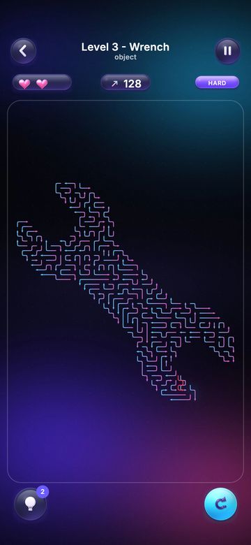 Level 3, a wrench silhouette with one blocked arrow flashing red and two hearts left