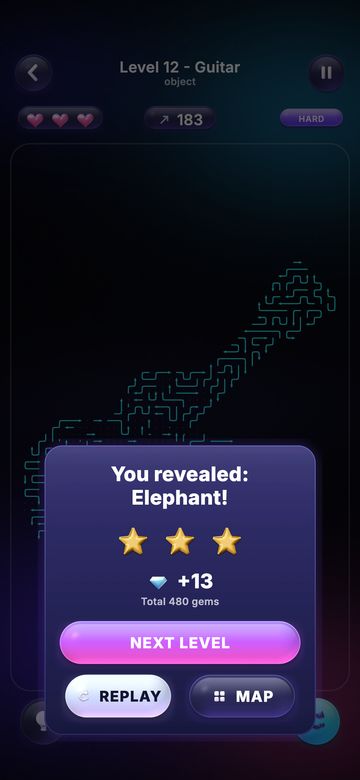 The level complete sheet with three gold stars and the gems earned