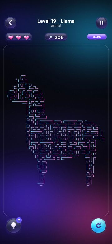 Level 19, a llama silhouette made of neon pink and blue arrows, with three hearts and 209 arrows left