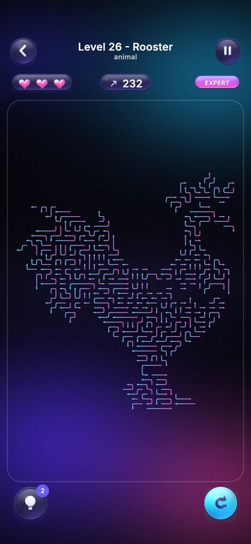 In-app level 26, a rooster silhouette of neon arrows with three hearts and 232 arrows left