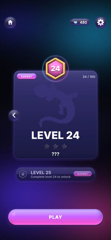 Level select card for level 24 in the Expert tier with a mystery silhouette and a Play button