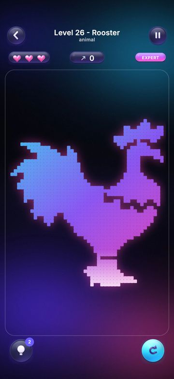 Level 26, a rooster revealed as a glowing purple and pink silhouette after clearing every arrow